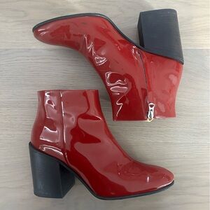 ACNE STUDIO red patent boots. Little scuff on inner left shoe.About 3in high